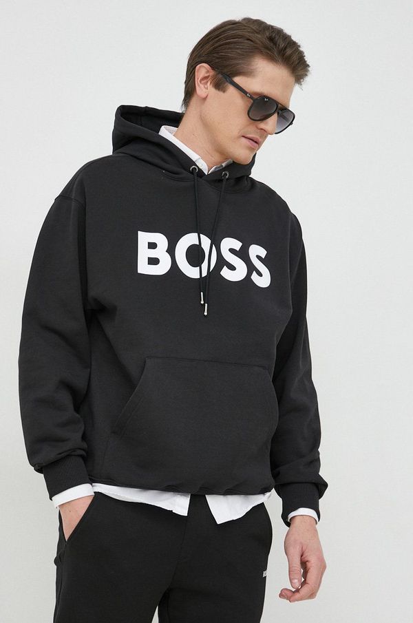 Boss Bombažen pulover BOSS moška, črna barva, s kapuco