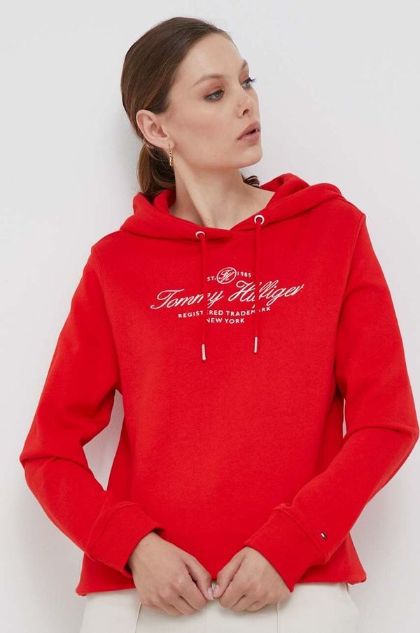 Tommy Hilfiger Bombažen pulover Tommy Hilfiger ženska, rdeča barva, s kapuco