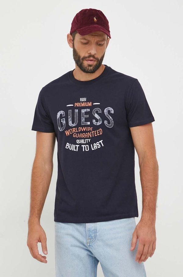 Guess Bombažna kratka majica Guess mornarsko modra barva