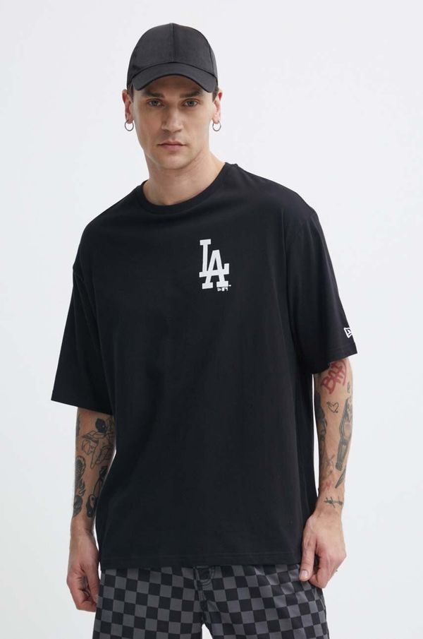 New Era Bombažna kratka majica New Era moška, črna barva, LOS ANGELES DODGERS