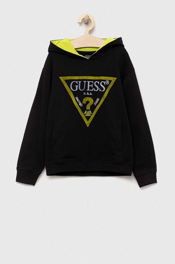 Guess Otroški bombažen pulover Guess črna barva, s kapuco