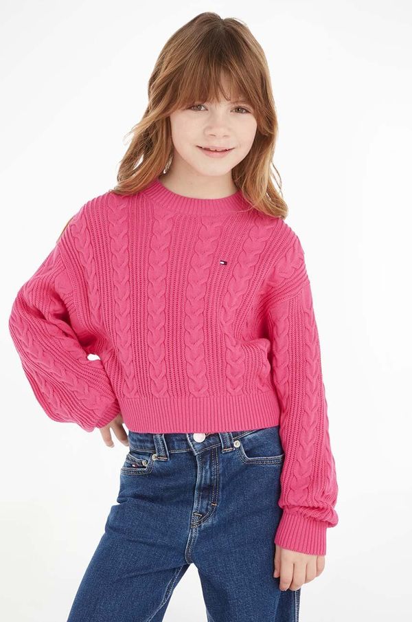 Tommy Hilfiger Otroški bombažen pulover Tommy Hilfiger roza barva