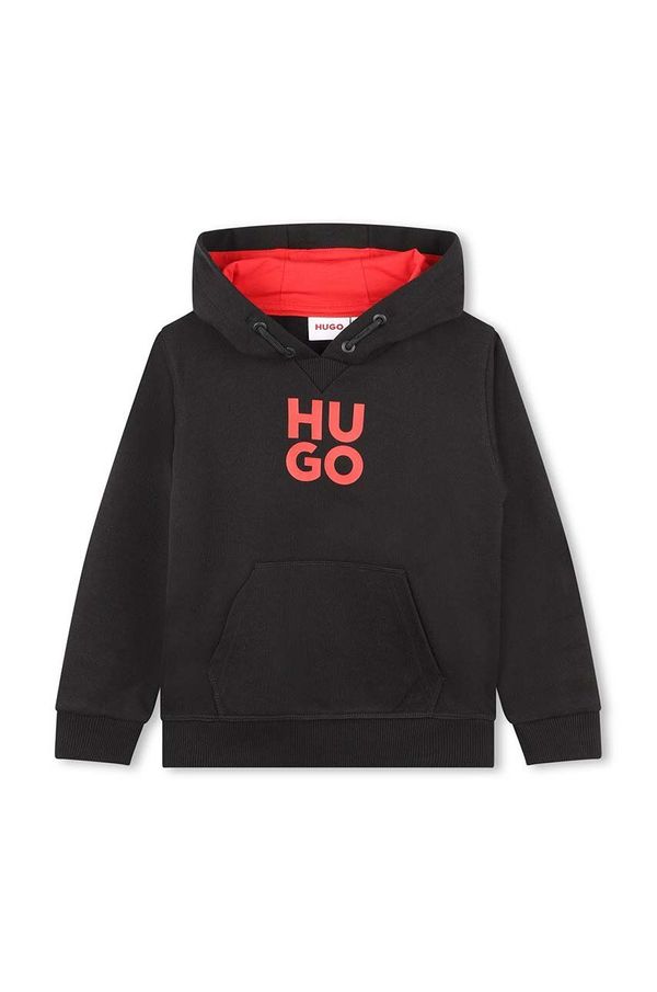 Hugo Otroški pulover HUGO črna barva, s kapuco