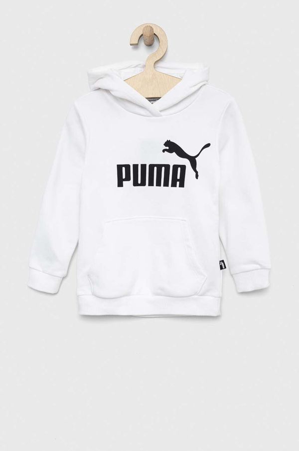 Puma Otroški pulover Puma ESS Logo Hoodie TR G bela barva, s kapuco