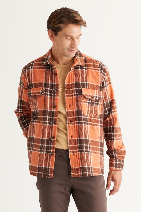 AC&Co / Altınyıldız Classics AC&Co / Altınyıldız Classics Men's Brown-Orange Oversize Wide Cut Buttoned Collar Plaid Winter Shirt Jacket