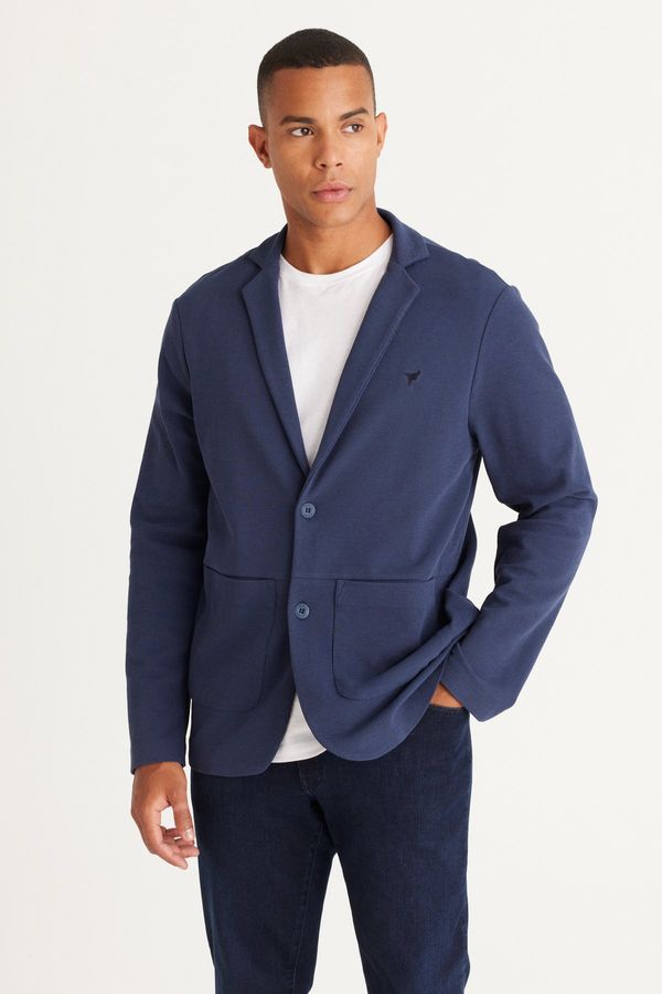 AC&Co / Altınyıldız Classics AC&Co / Altınyıldız Classics Men's Navy Blue Standard Fit Normal Cut Shirt Collar Cotton Knitted Blazer Jacket