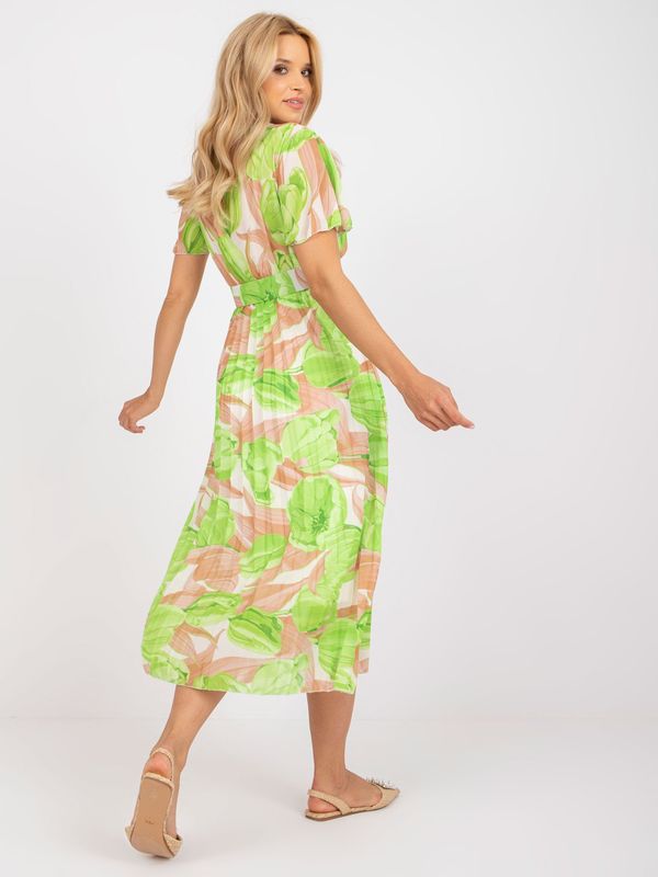 Fashionhunters Beige and green midi dress with folds