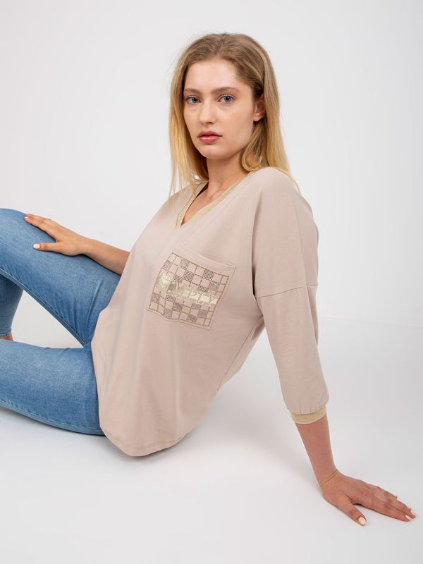 Fashionhunters Beige cotton blouse of larger size with V-neck