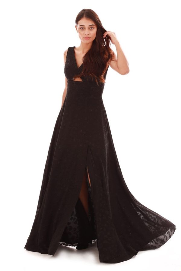 Carmen Carmen Black Leopard Patterned Slit Long Evening Dress