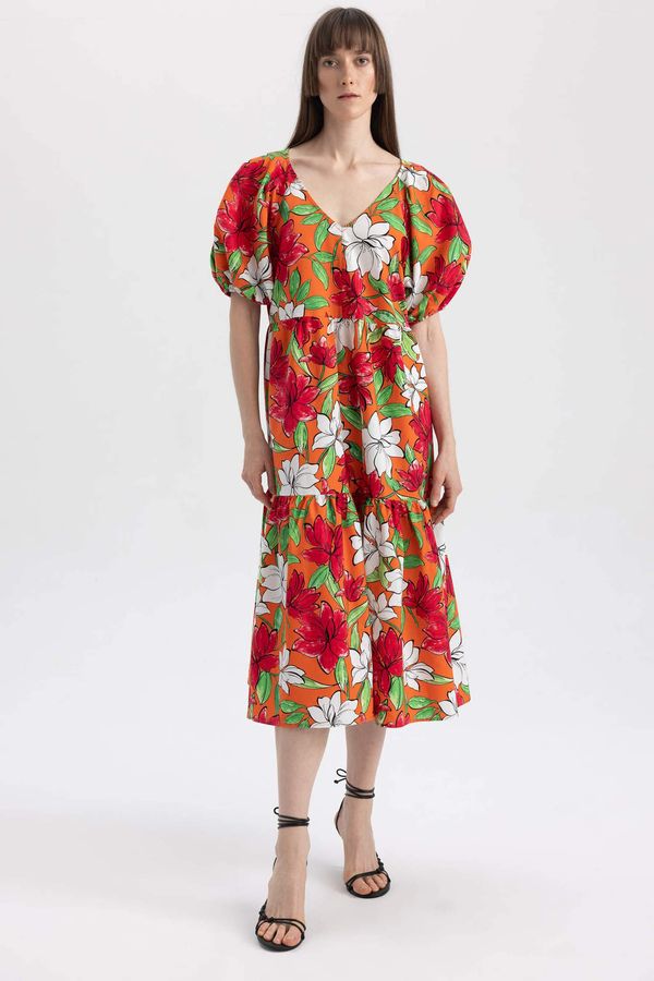 DEFACTO DEFACTO V-Neck Floral Poplin Raglan Sleeve Midi Short Sleeve Dress