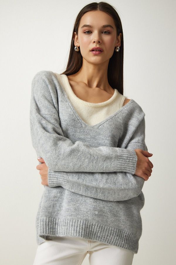 Happiness İstanbul Happiness İstanbul Women's Gray Shirt Soft Textured Double Knitwear Sweater