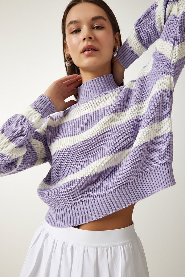 Happiness İstanbul Happiness İstanbul Women's Lilac High Neck Striped Knitwear Sweater