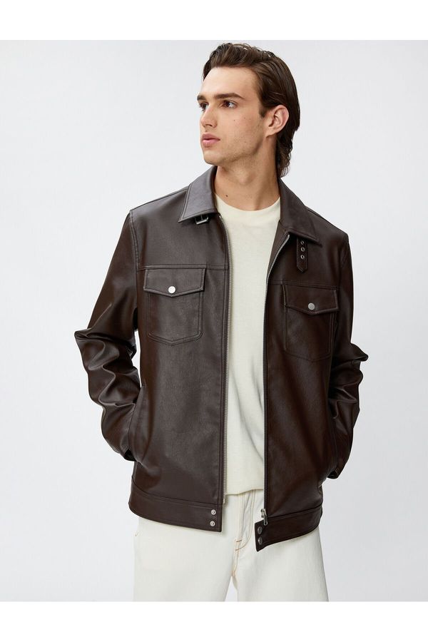 Koton Koton Leather Look Jacket Classic Collar Pocket Detailed Zipper