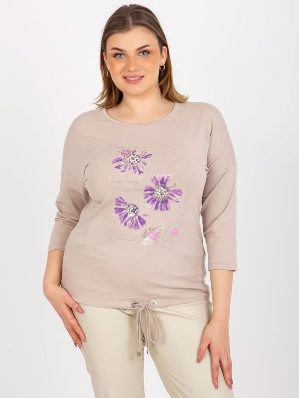 Fashionhunters Lady's blouse plus size with 3/4 sleeves and print - beige