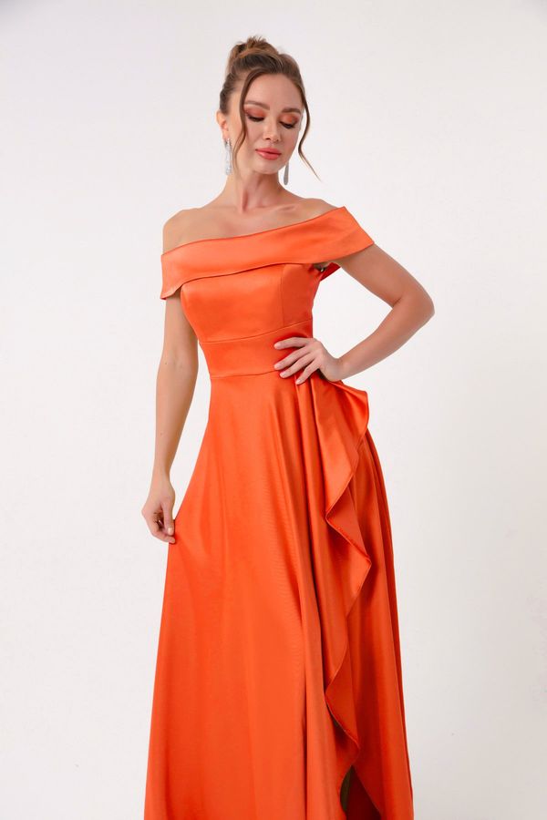 Lafaba Lafaba Women's Orange Boat Neck Satin Evening Dress & Prom Dress