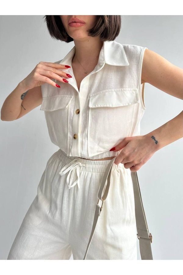 Laluvia Laluvia Ecru 100% Cotton Elastic Vest-Pants Linen Suit