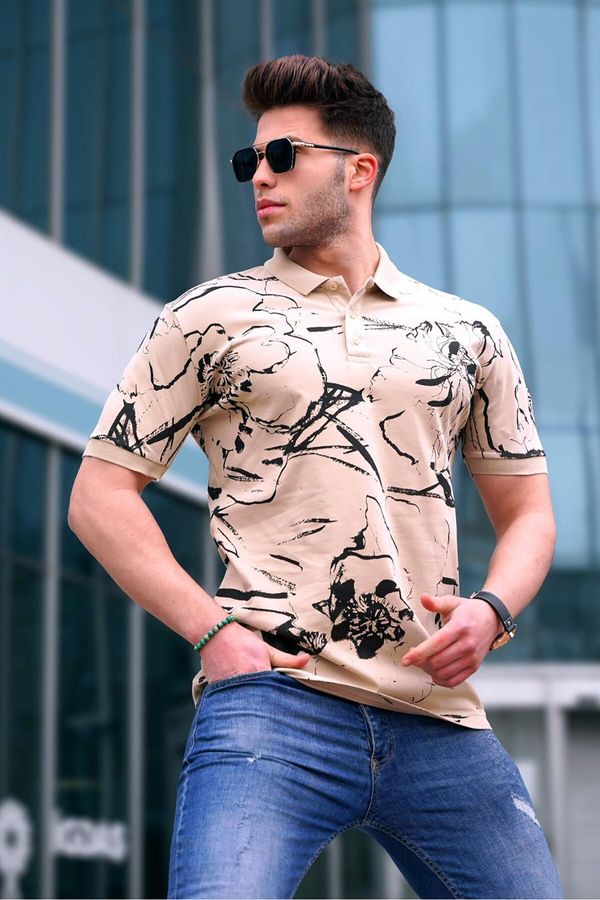 Madmext Madmext Beige Patterned Polo Neck Men's T-Shirt