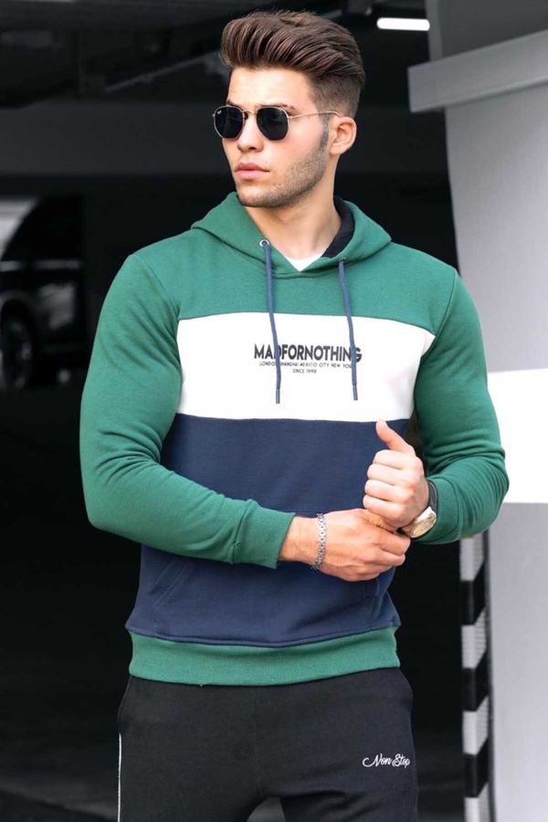 Madmext Madmext Men's Green Color Block Hooded Sweatshirt 4699