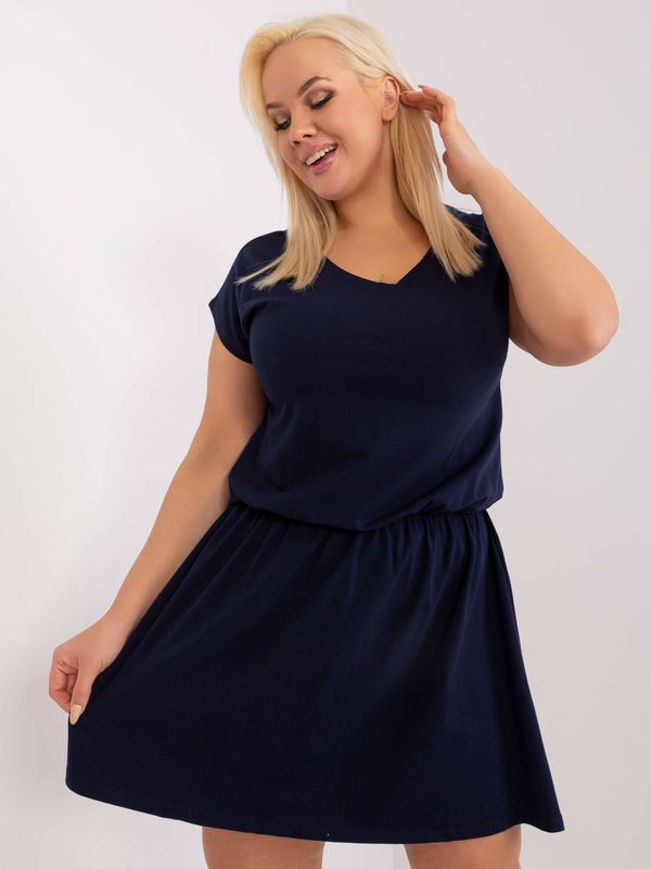 Fashionhunters Navy Blue Plus Size Basic Dress with Elastic Waistband