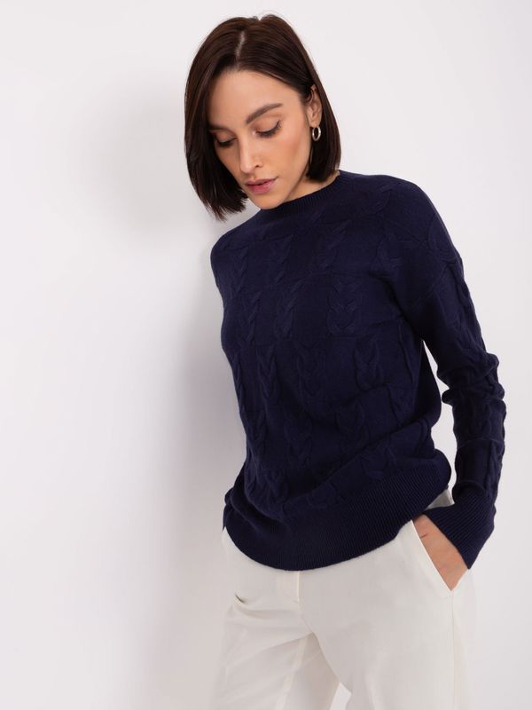 Fashionhunters Navy blue sweater with cables, loose fit