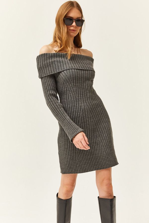 Olalook Olalook Women's Anthracite Madonna Collar Ribbed Knitwear Dress