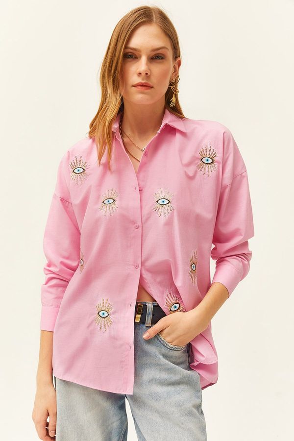 Olalook Olalook Women's Candy Pink Sequin Detailed Woven Boyfriend Shirt