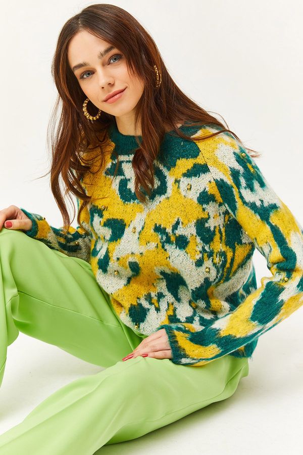 Olalook Olalook Women's Yellow-Green Patterned Soft Textured Knitwear Sweater