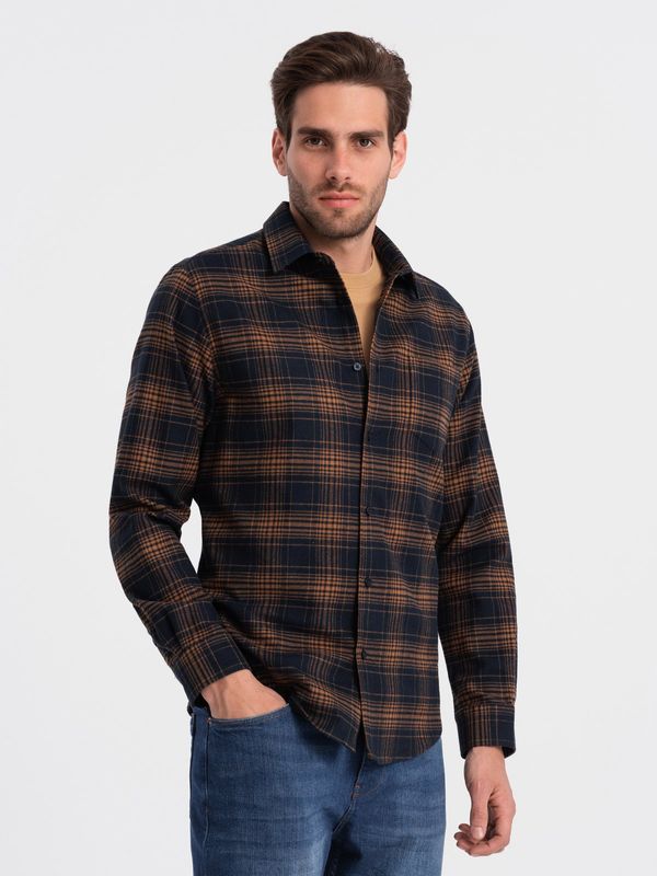 Ombre Ombre Men's checkered flannel shirt - navy blue and orange