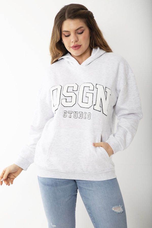 Şans Şans Women's Large Size Gray Hooded Sweatshirt with Raised Embroidery and Kangaroo Pocket Detail