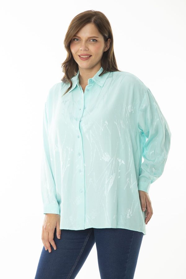 Şans Şans Women's Plus Size Cyan Green Satin Fabric Self Patterned Long Sleeve Shirt