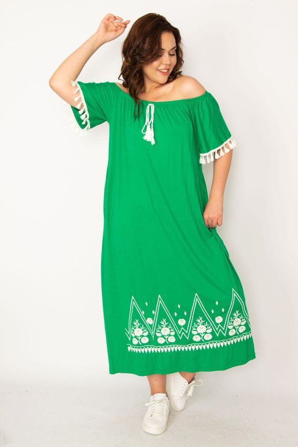 Şans Şans Women's Plus Size Green Carmen Collar Embroidery And Tassel Detail Long Dress