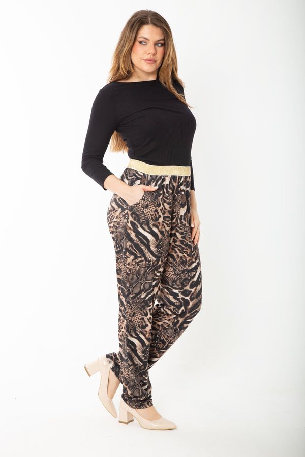 Şans Şans Women's Plus Size Leo Waist Metallic Elastic Leopard Patterned Jersey Trousers
