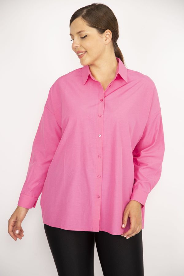 Şans Şans Women's Plus Size Pink Front Buttoned Long Sleeve Shirt