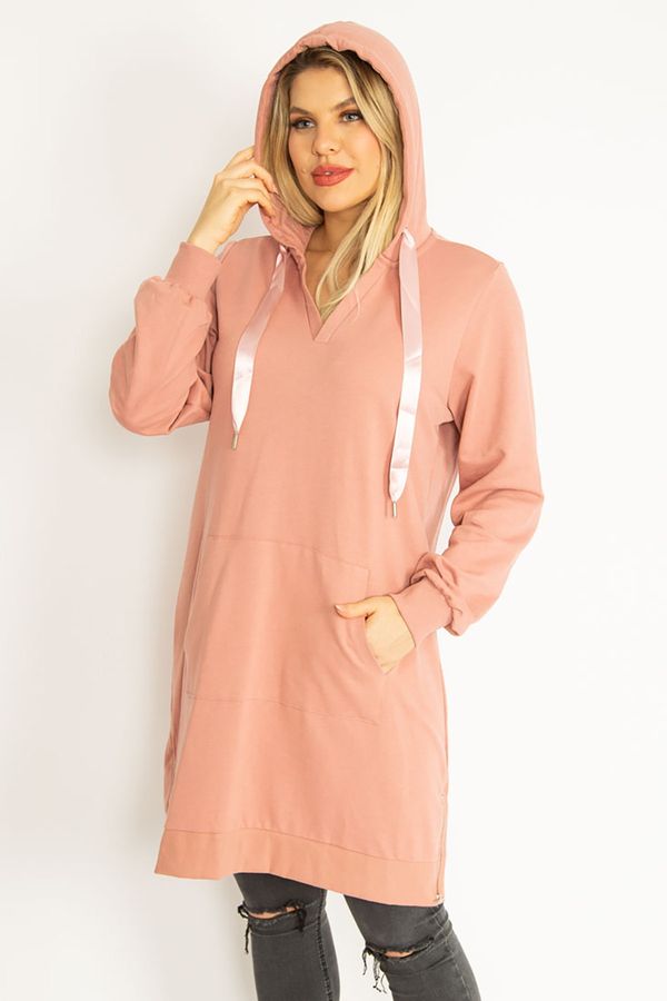Şans Şans Women's Plus Size Pink Hooded Sweatshirt with Kangaroo Pocket