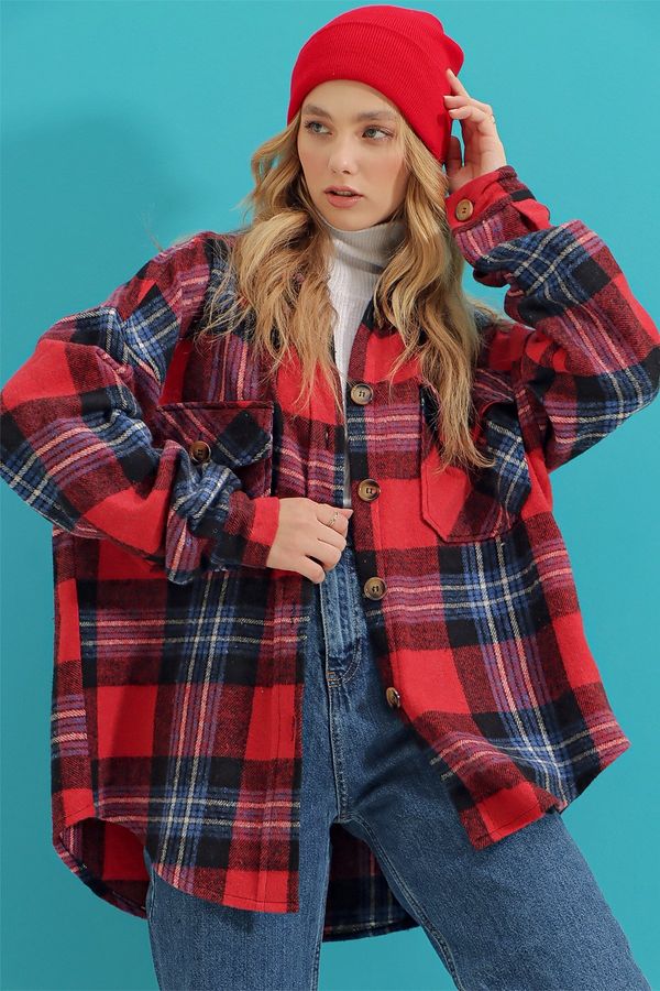 Trend Alaçatı Stili Trend Alaçatı Stili Women's Red Checked Stamped Cotton Oversized Safari Jacket Shirt