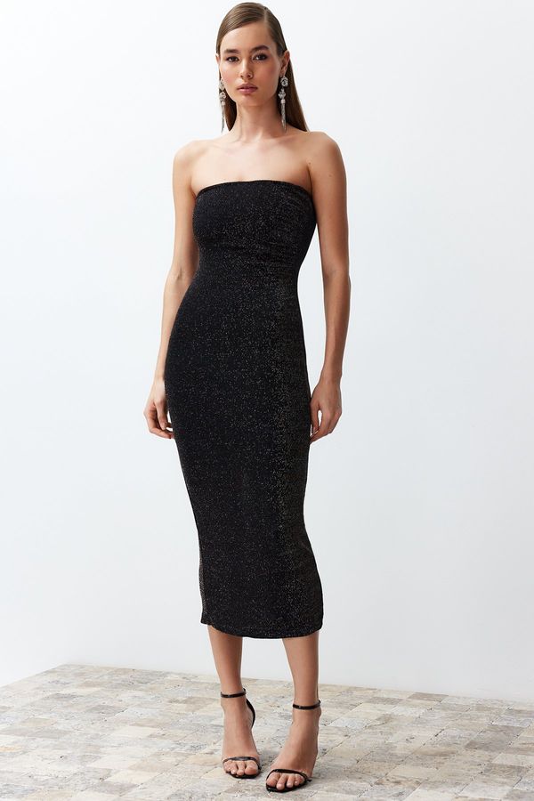 Trendyol Trendyol Black Body Fitted Lined Glittered Glittered Knitted Elegant Evening Dress