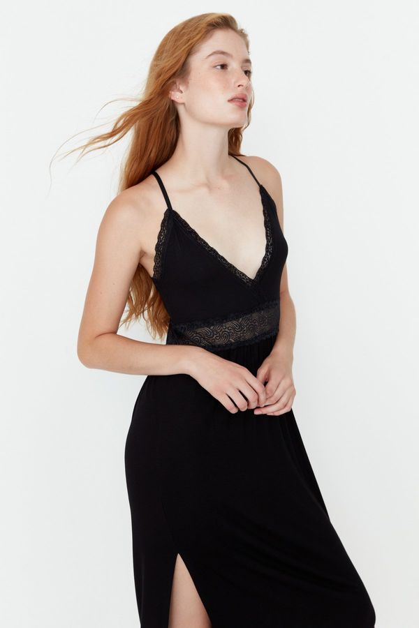 Trendyol Trendyol Black Lace and Knitted Nightgown with Back Detail and a Slit