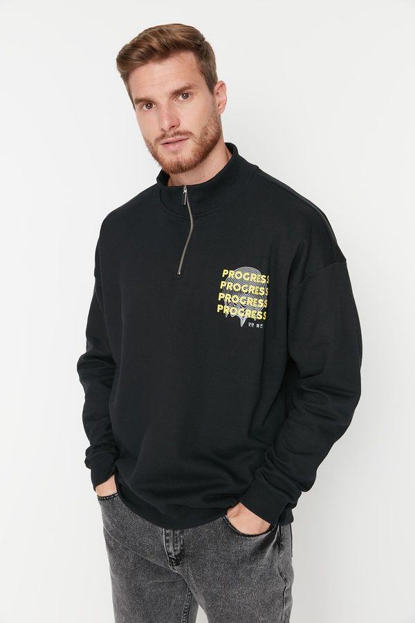 Trendyol Trendyol Black Oversize/Wide-Fit Zipper Text Printed Fleece Cotton Sweatshirt