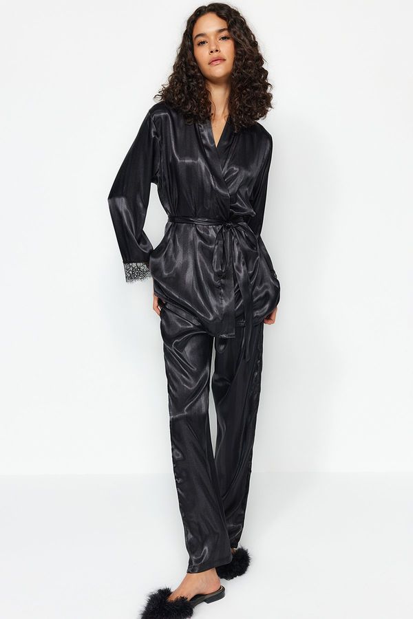 Trendyol Trendyol Black Premium Satin Lace and Tie Detail Woven Pajamas Set