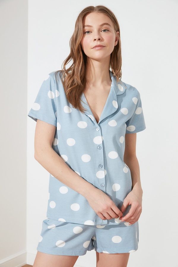 Trendyol Trendyol Blue 100% Cotton Polka Dot Shirt-Short Knitted Pajamas Set