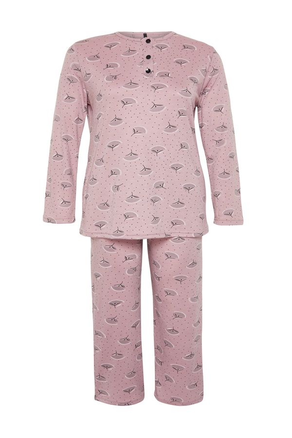 Trendyol Trendyol Curve Pink Buttoned Floral Pattern Knitted Pajamas Set