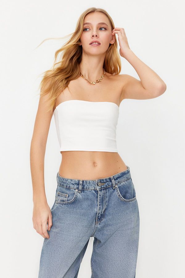 Trendyol Trendyol Ecru Fitted Strapless Neck Crop Stretchy Knitted Blouse
