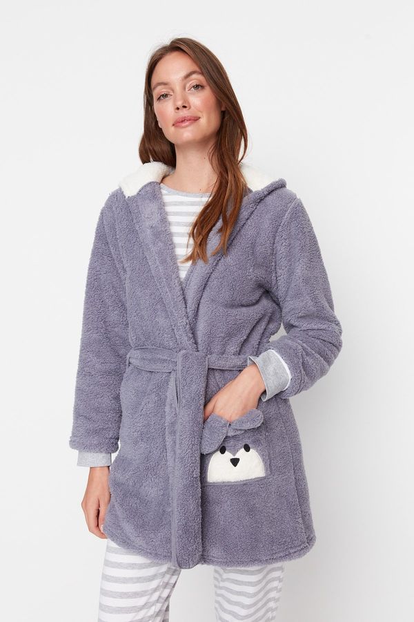 Trendyol Trendyol Gray Belted Animal Figure Pocketed Wellsoft Knitted Dressing Gown
