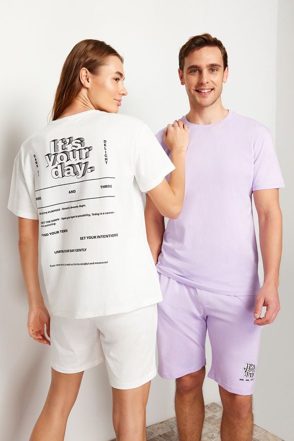 Trendyol Trendyol Light Lilac Printed Regular Fit Couple Knitted Shorts Pajamas Set