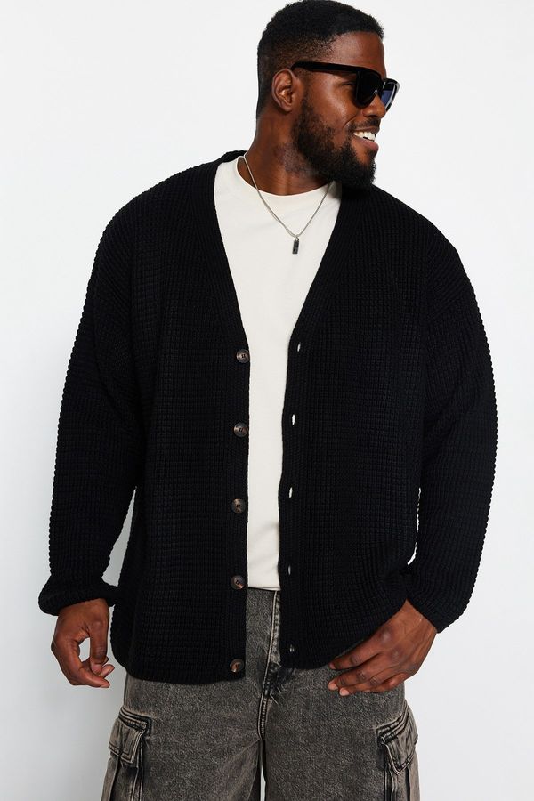 Trendyol Trendyol Men's Black Plus Size Oversize Fit Wide Pattern Textured Knitwear Cardigan