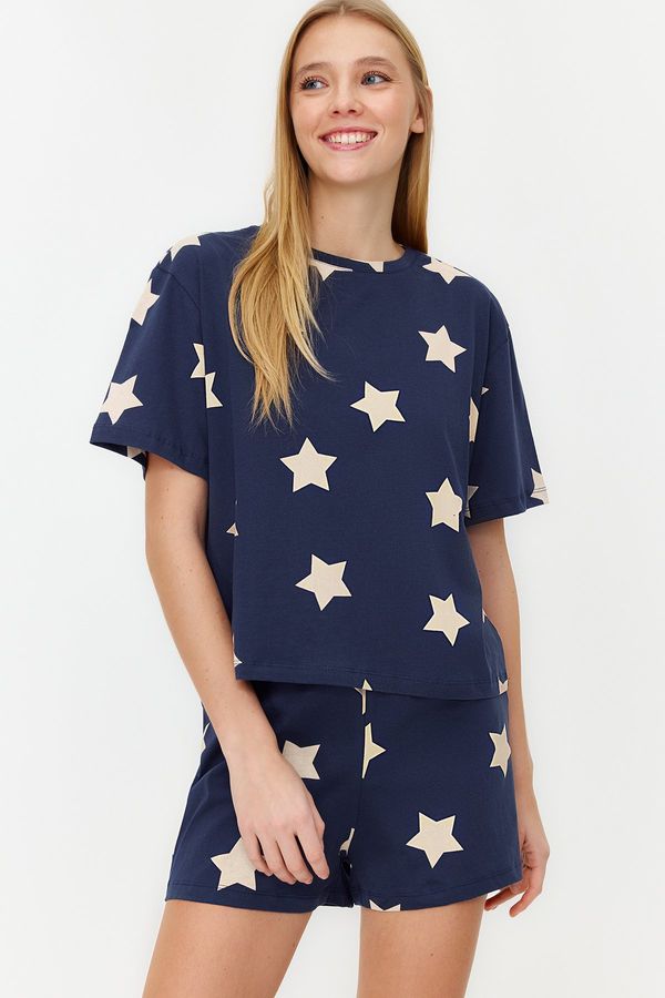 Trendyol Trendyol Navy Blue 100% Cotton Star Patterned T-shirt-Shorts Knitted Pajamas Set