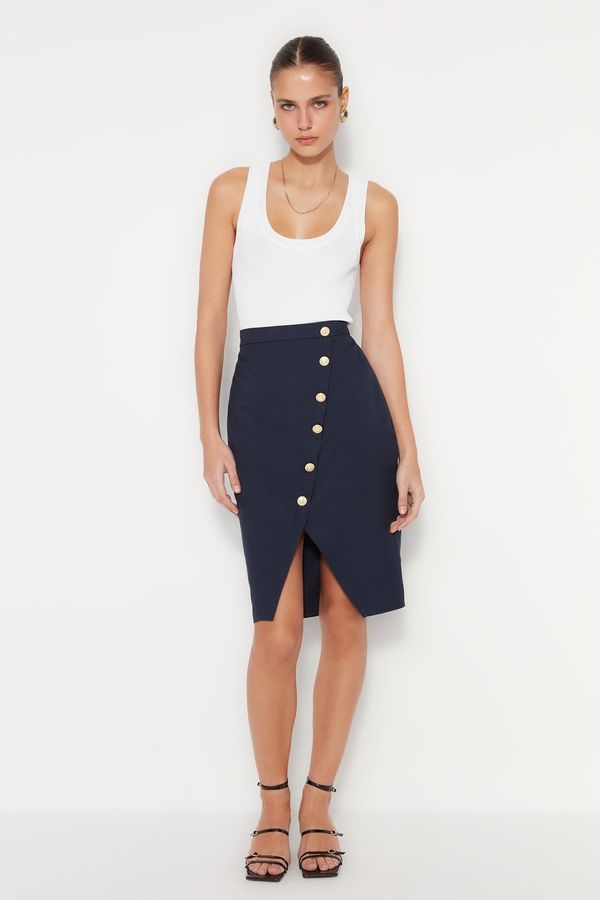 Trendyol Trendyol Navy Blue Midi Woven Skirt With A Slit And Button Detail