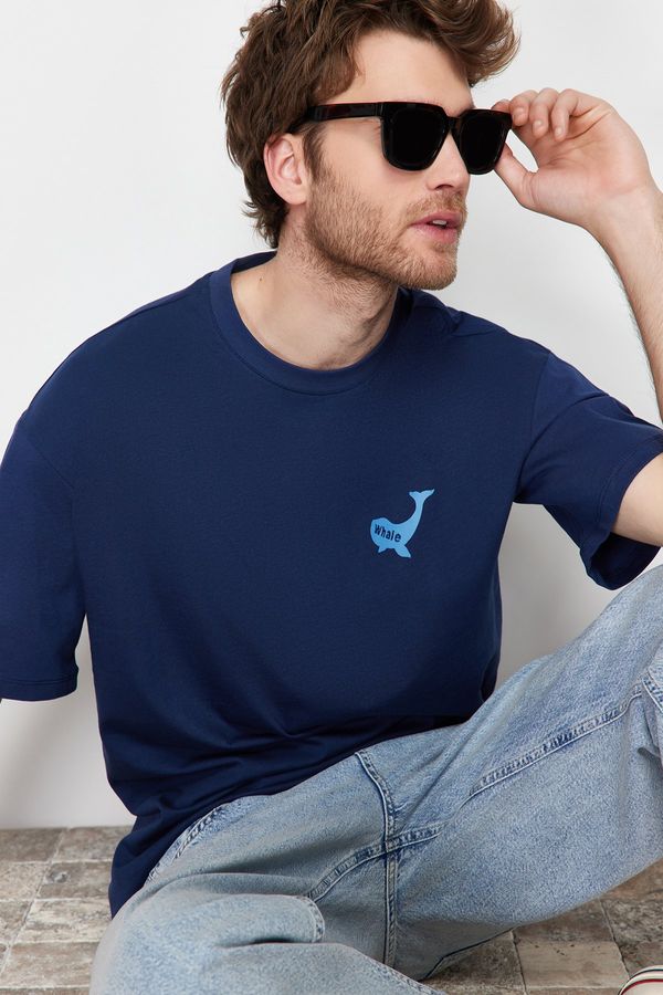 Trendyol Trendyol Navy Blue Oversize Animal Embroidery Printed 100% Cotton T-Shirt