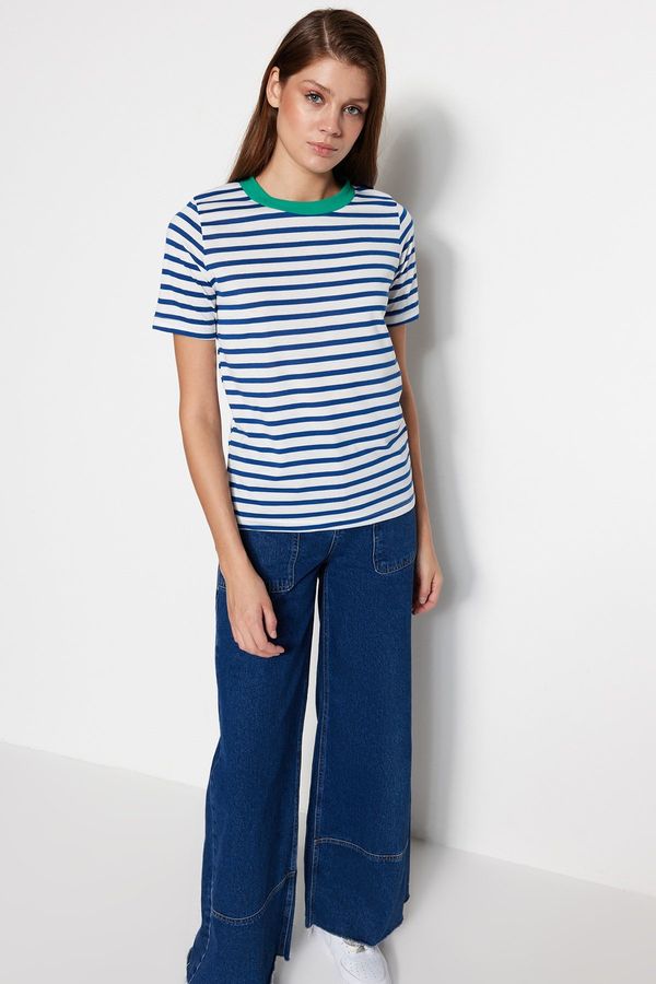 Trendyol Trendyol Navy Blue Striped Basic Color Crewneck Knitted T-Shirt