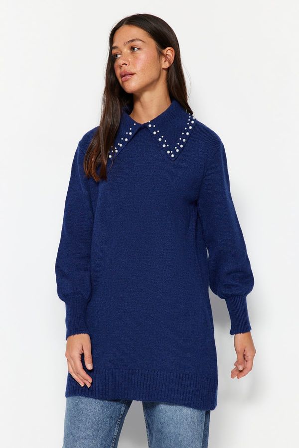 Trendyol Trendyol Navy modra otroška ovratnica in biseri mehki pulover za pletenine